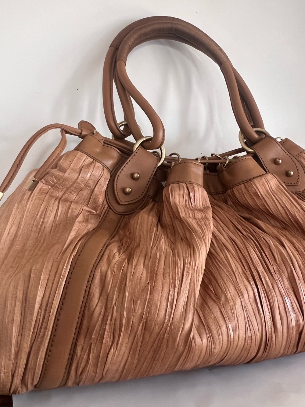 Donald J. Pliner Pleated Leather Shoulder Bag in Tan/Brown